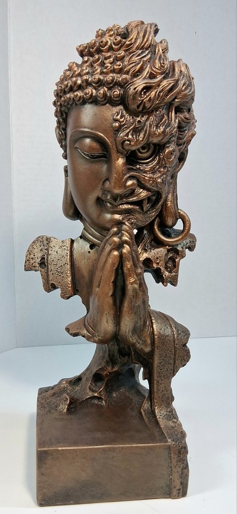 12” Buddah Harmony in Chaos Demon Statue Sandstone Bronze Finish Peace Strength