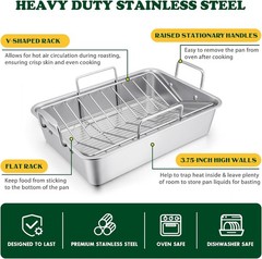 Roasting Pan, 16 x 11.5 Inch Stainless Steel Turkey Roaster with V-shaped & F…