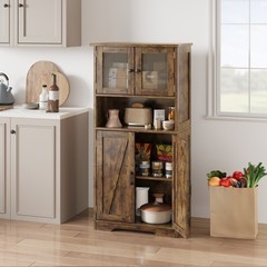 Storage Cabinet with Glass Doors & Adjustable Shelves, Kitchen Pantry Cabinet