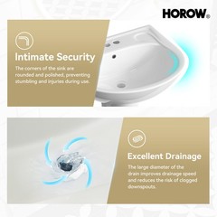 HOROW 22×19 Pedestal Sink U-Shape Ceramic Pedestal Bathroom Sink with Overflow