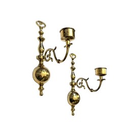 Vintage Solid Brass Wall Sconce Candle Holders Pair Polished Gold Spindle 12.5in