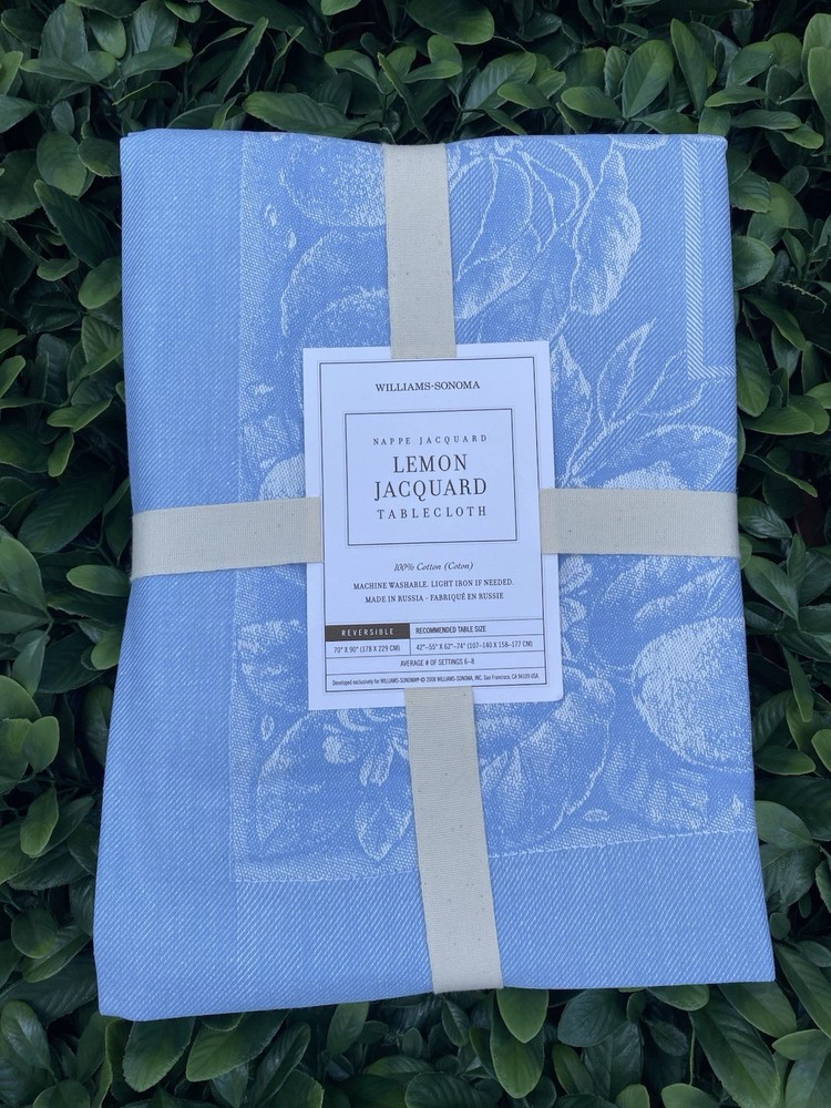 Williams Sonoma Vtg 2008 Lemon JACQUARD Tablecloth 70” x 90” BLUE NWT Cotton