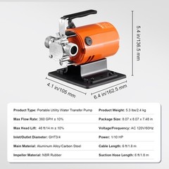 VEVOR Water Transfer Removal Pump Portable Utility Pump 120V 360 GPH 1/10HP Hose