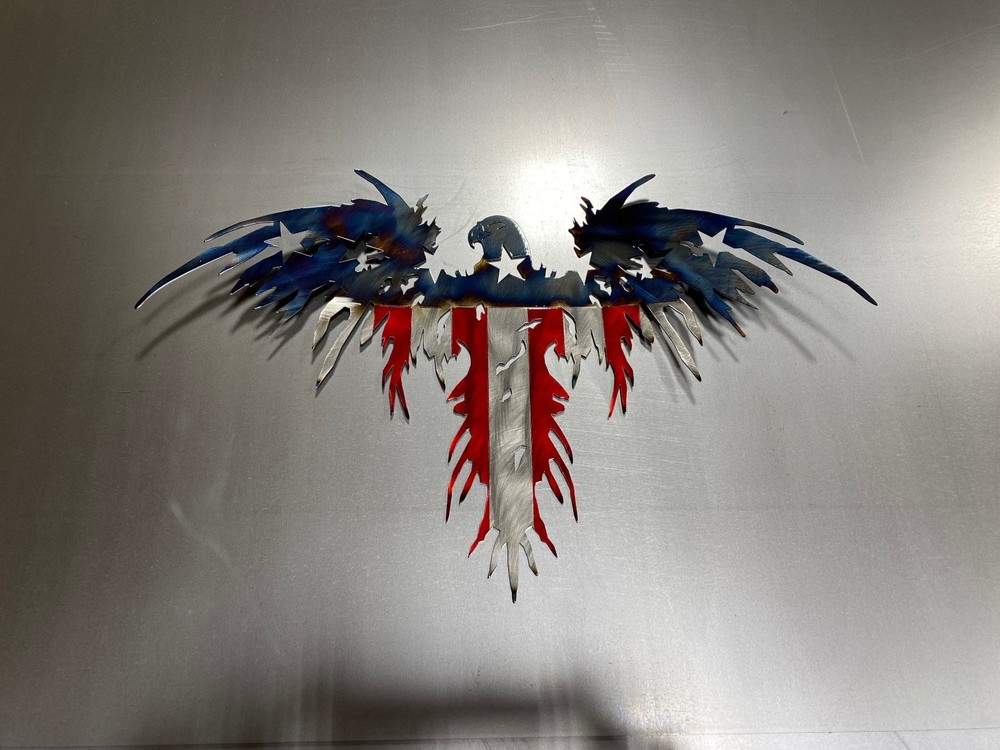 American Eagle Metal Wall Art, Heat Blued Steel Flag, Patriotic Decor