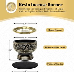 Small Decorated Brass Charcoal Screen Incense Burner with Wooden Coaster, 2-inch