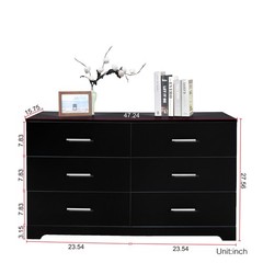 6 Drawer Double Dresser Black Wide Storage Chest of Drawers Bedroom Living Room