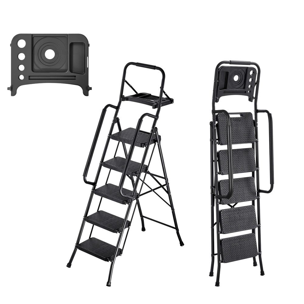 Uimoso 5-Step Steel Folding Ladder with Anti-Slip Steps,Dual Handrails, 600lbs