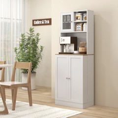 HOMCOM 66.5″ Tall Kitchen Pantry Storage Cabinet with Microwave Stand White