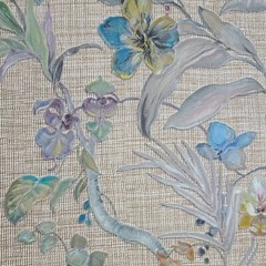 Floral plants Brown green blue metallic faux woven fabric textured wallpaper 3D