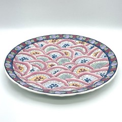 Hand-Painted Porcelain Plate Pink Seigaiha Wave Motif Decorative Chinoiserie Art
