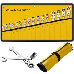 16pcs 6-22mm Flex-Head Ratcheting Wrench Combination Ratchet Spanner Tool Set