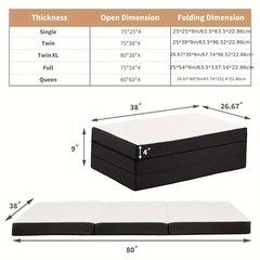 4-Inch Tri-Fold Memory Foam Folding Mattress Topper Portable for Camping, Guest