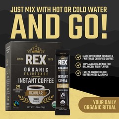 Rex Coffee Organic Fairtrade Instant Sticks Medium Roast Arabica 25 Count