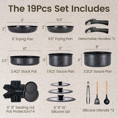 Ceramic Nonstick Cookware Set 19 Piece with Detachable Handle, Induction Dishwas