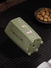 7.68in Chinese Collection Green Handmate Carving Painting Bonsai Clay Flower Pot