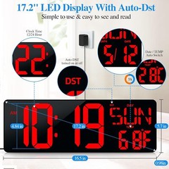 17.2″ Large LED Digital Wall Clock w/ Remote Control &Auto-Adjustable Brightness