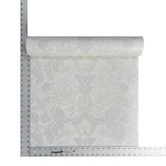 Beige tan silver metallic faux fabric textured floral victorian damask Wallpaper