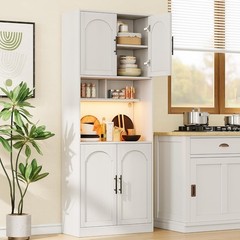 71″ Tall Pantry Cabinet w/LED Lights ,Kitchen Storage Hutch with Microwave Stand