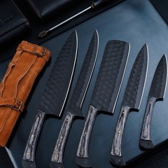 Carbon Steel Chef Knife Set 5Pc Shard Hammered Blade Grey Pakkawood Leather Roll