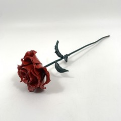 Metal Rose Red & Green Leaves with 13″ Long Stem Hand Forged Wrought Iron Heavy