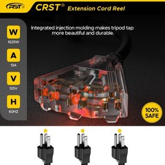 50FT Heavy Duty Retractable Extension Cord Reel, 14AWG/3C 1625W,180° Swivel