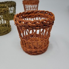 6 Vintage Boho Wicker Rattan Cup Glass Holders Handles Garden Party 3.25” Tiki
