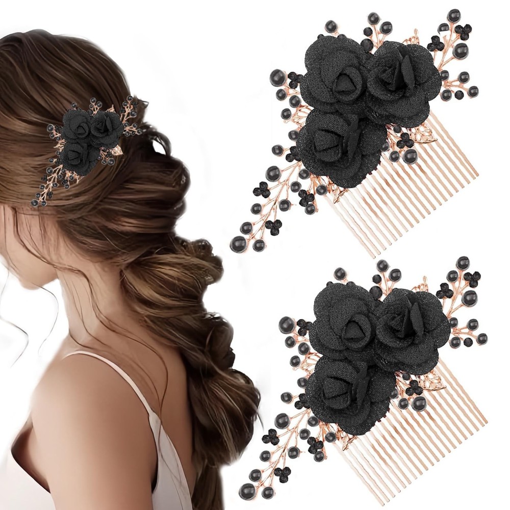 2 PCS Flower Hair Comb Black Bridal Wedding 3.74in/9.5cm*6.02in/15.3cm,