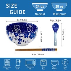 KeQiu 28 Oz Ceramic Ramen Noodle Pho Bowl Set with Chopsticks and Spoon Microwav