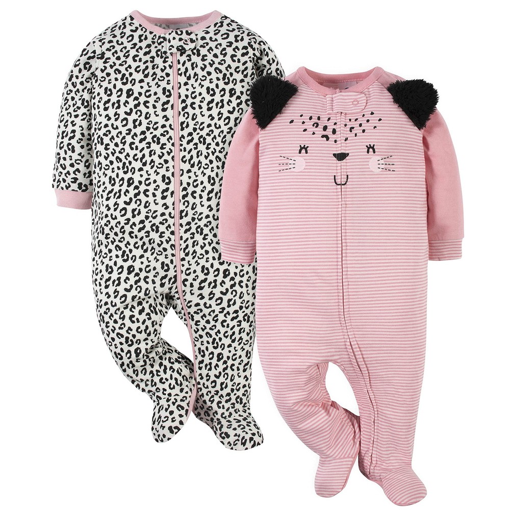 Gerber Baby Girls 2-pack ‘N Play And Toddler Sleepers, Leopard Pink, 3-6 Months