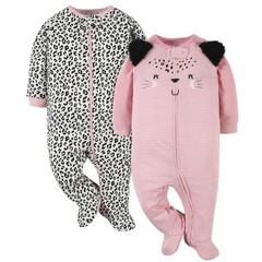 Gerber Baby Girls 2-pack ‘N Play And Toddler Sleepers, Leopard Pink, 3-6 Months