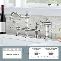 8 Inch Centerset Bridge Kitchen Faucet with Brass Side Sprayer 2 Handles 4 Holes