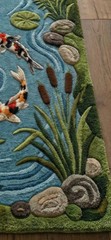 Hand Tufted Koi Pond Wool Runner Rug Nature Hallway Decor Water Garden Japanese