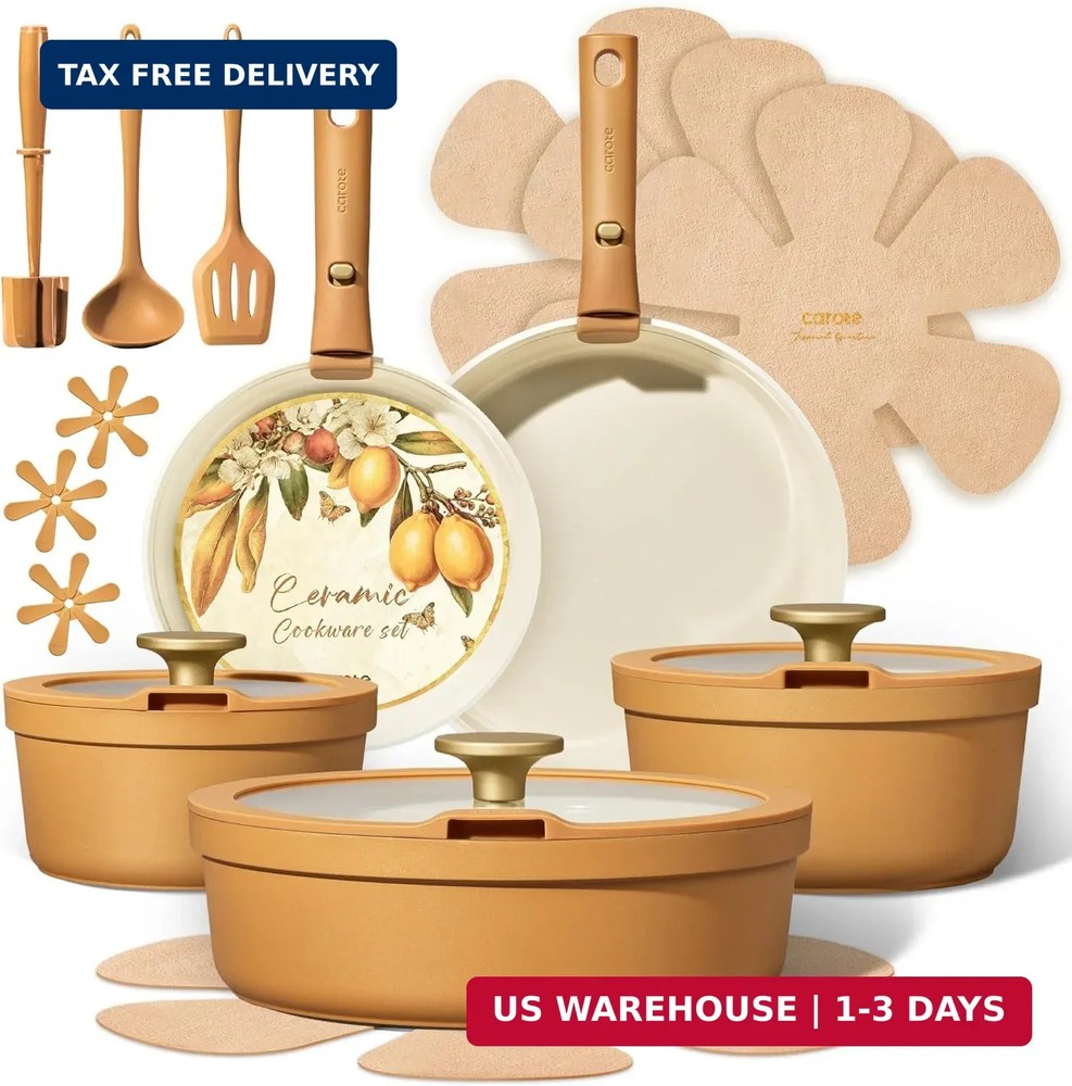 Carote 20pcs Ceramic Cookware Set with Detachable Handles, Pots and Pans Set Non