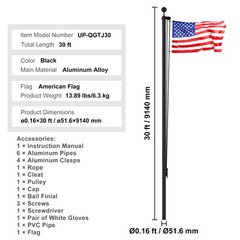 VEVOR 30FT Detachable Flagpole Kit Heavy Duty Aluminum Flag Pole American Black
