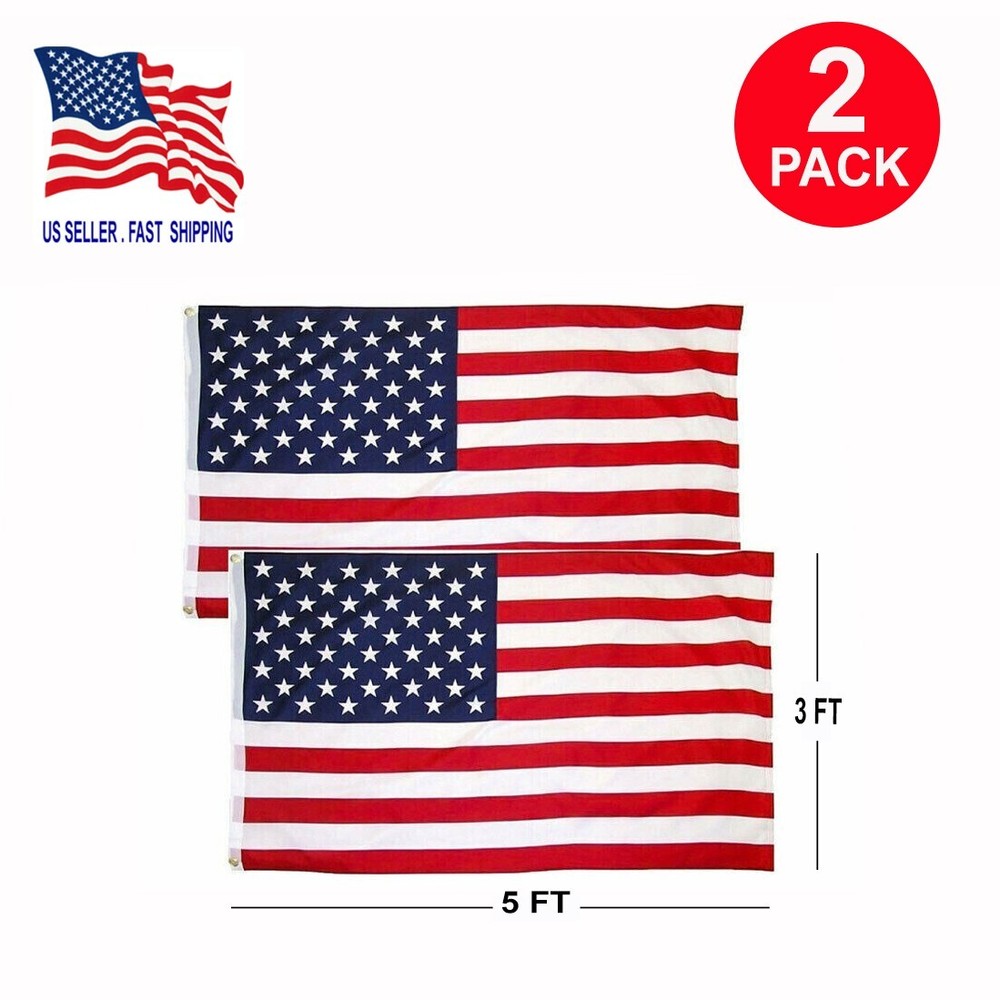 2 PACK 3×5 Ft American Flag w/ Grommets, United States Flags, US America