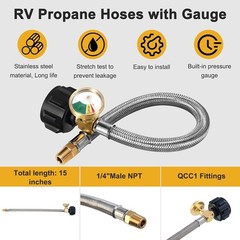 15Inch RV Propane Hose with Gauge for 5-40lb Tanks Camper Gas Line Silver Newest