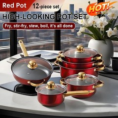 12 Piece Cookware Set Nonstick Pots and Pans Home Kitchen Cooking Non Stick, Red
