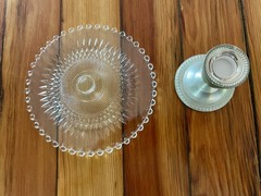 Vtg Shrewsbury Nickel~Silver removable Bottom Glass Pedestal Cake Stand 6.75”