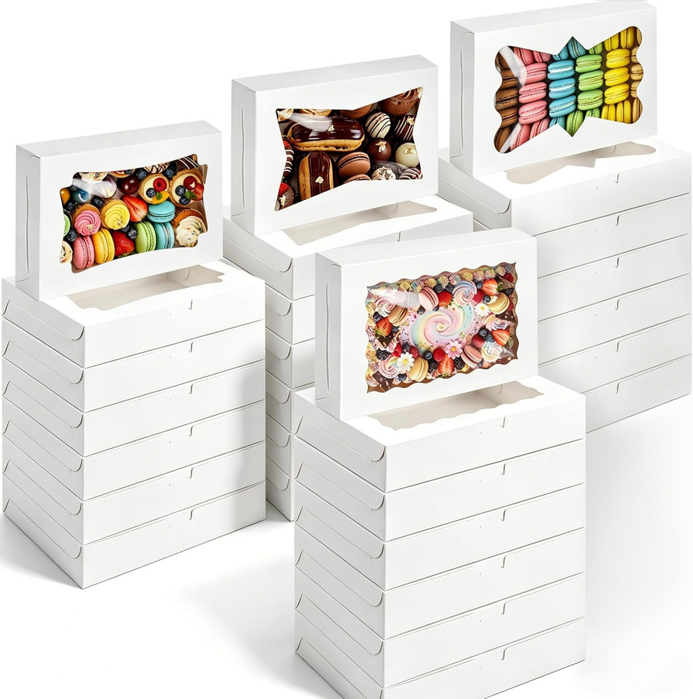 24 PCS 4 Style 12X8X2.5 Inches White Bakery Boxes with Window Cookie Boxes Treat