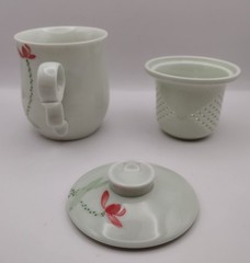 Teavana Porcelain Fine China Floating Lotus Blossom Teacup Infuser Mug 4 Pc. Set