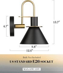 Black & Gold 1-Light Metal Cone 9.8in Shade Wall Sconce (Set of 2)