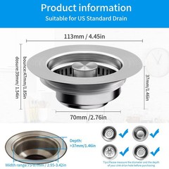 3-in-1 Kitchen Sink Drain Kit Strainer Stopper & Drain Assembly Stainless Steel