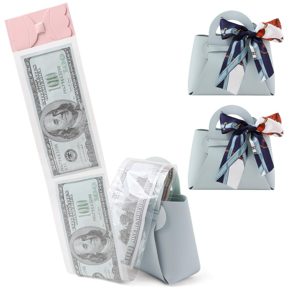 2 PCS Blue Leather Money Pull Box For Cash With Ribbon And 30 PCS Bags