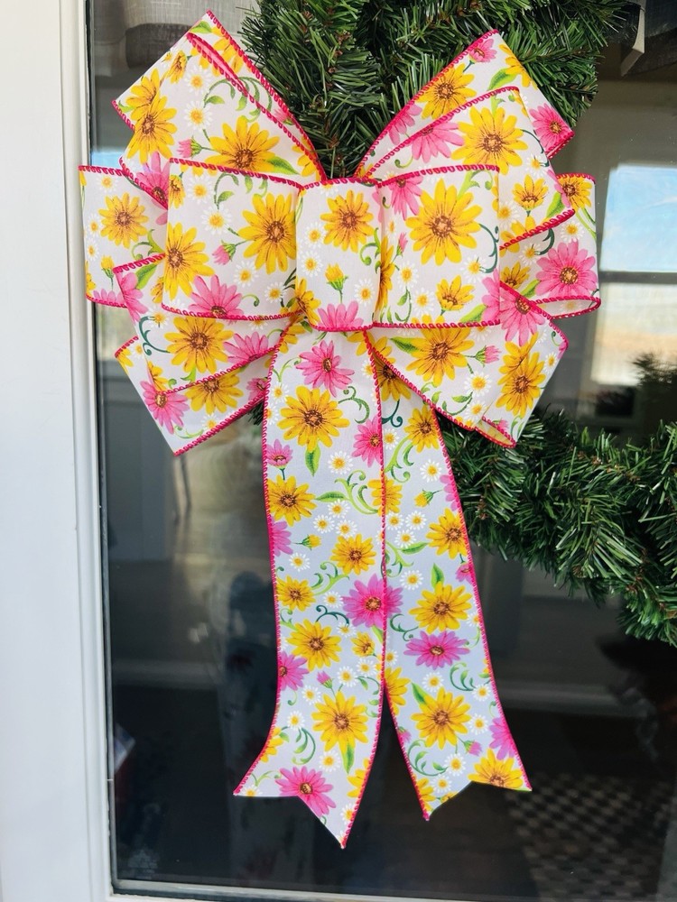 Handmade Large White Pink Yellow Floral Bow for Spring or Summer Wreath