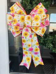 Handmade Large White Pink Yellow Floral Bow for Spring or Summer Wreath