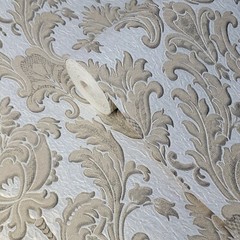 Ivory silver tan gold metallic crashed foil textured victorian damask Wallpaper