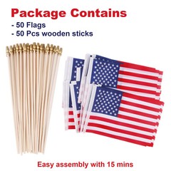 50 Pcs Small American Flags with Wooden Sticks 4×6″ Handheld United States Flag
