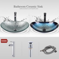 Bathroom Oval Tempered Glass Vessel Sink Bowl Faucet Pop Up Drain Basin Set Home