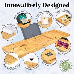 Bamboo Bathtub Tray – Expandable Waterproof Foldable Bath Caddy