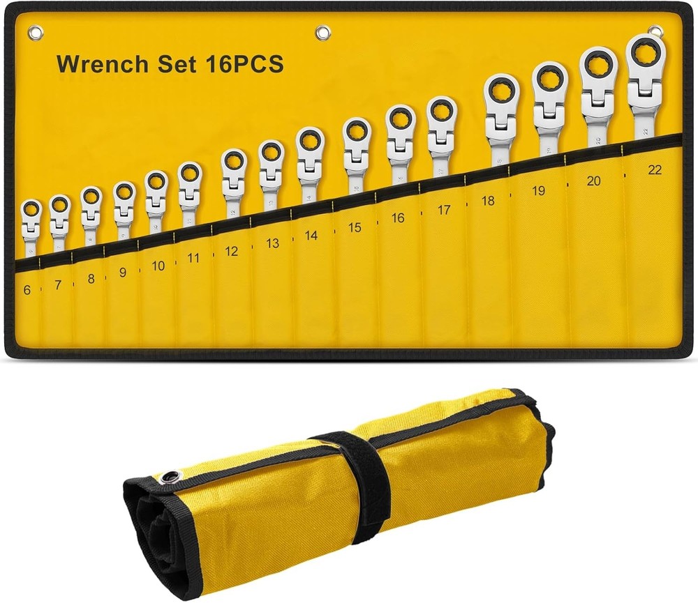 6-22mm Metric Flexible Head Ratcheting Wrench Combination Spanner Tool Set 16PCS